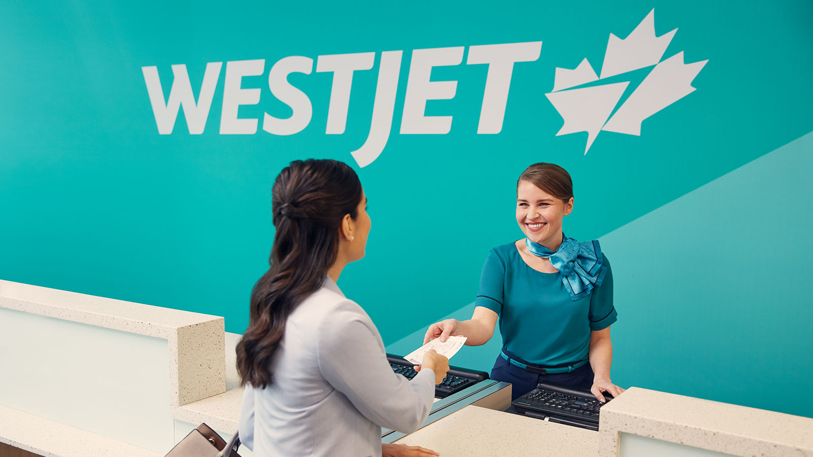 ChatGPT Facilitating a seamless exchange, a woman confidently passes her WestJet plane ticket to another, symbolizing the transformative journey orchestrated by Apex Insights that has elevated WestJet's trajectory.